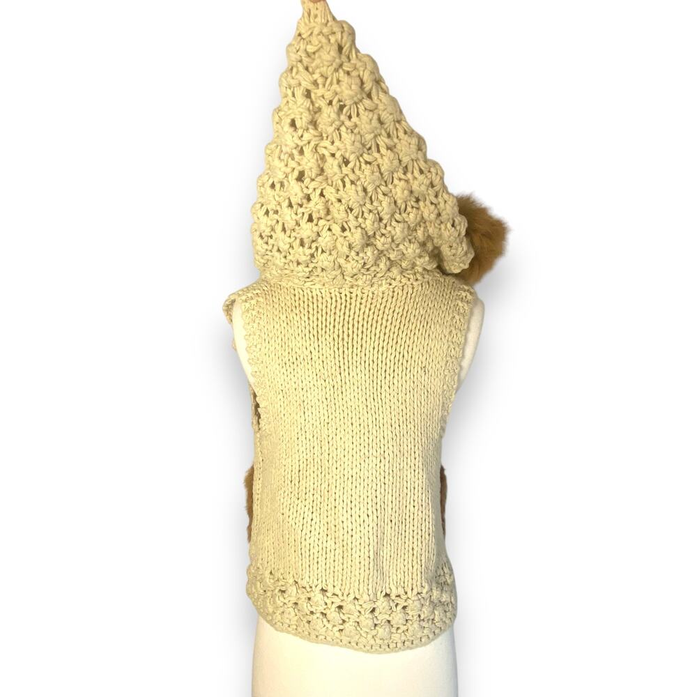 Hooded Boho Macrame Crochet Chunky Sweater Vest w Removable Faux Fur Collar Trim - Picture 6 of 9